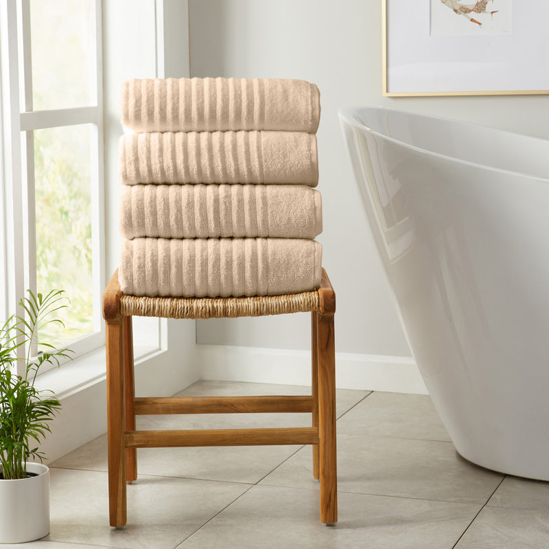 100% Zero-Twist Cotton Ribbed Hand Towels (Set of 6), Dune, Bath Towels - 4 Pack