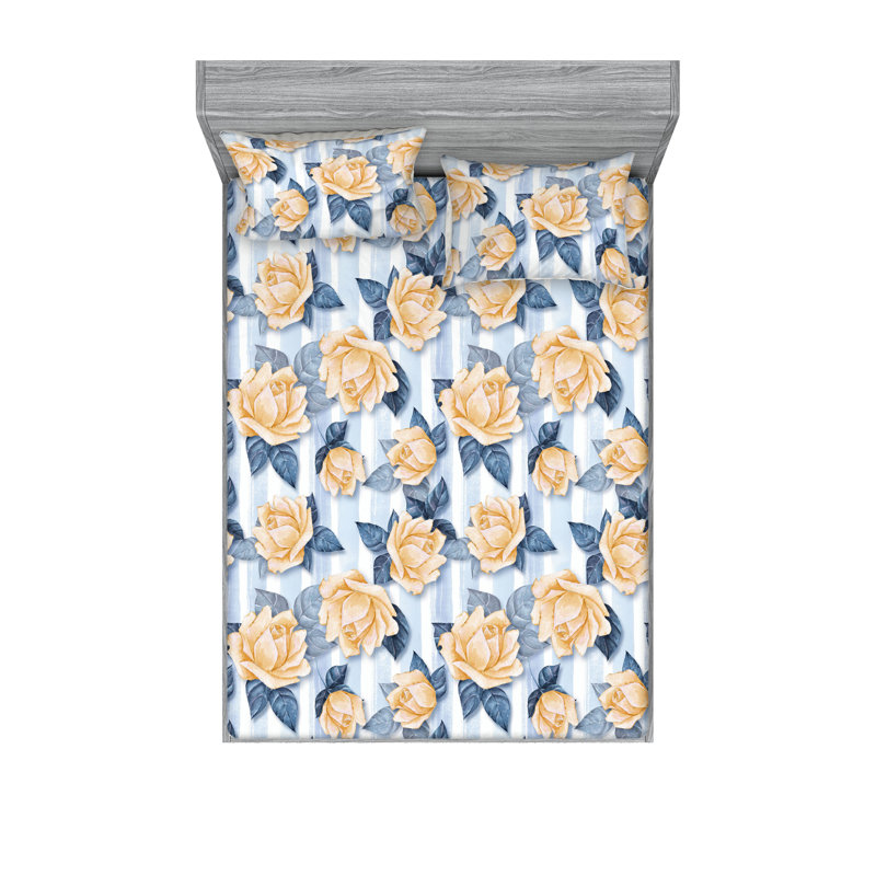 Drap-housse et taies décoratives 3 pièces Ambesonne, Bleu ciel pâle, orange pâle / floral