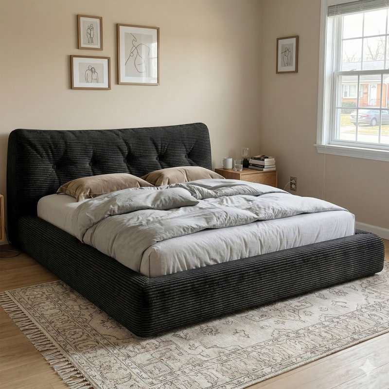 Cloud Corduroy Bed Frame, Soft Upholstered Platform Bed with Thick Padded Headboard & Bolster Pillow, Cloud-Like Cozy Comfort & Easy Assembly