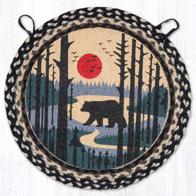  Bear Scene Round Braided Jute Chair Pad Rustic Cabin Handcrafted Dining Accent 15.5" H