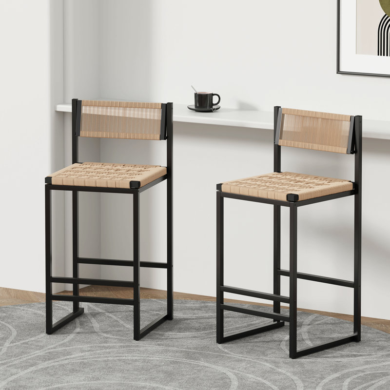 Set Of 2 Woven Bar Stools With Backrest Paper Rope Weave Dining Chairs For Kitchen Island, Brown