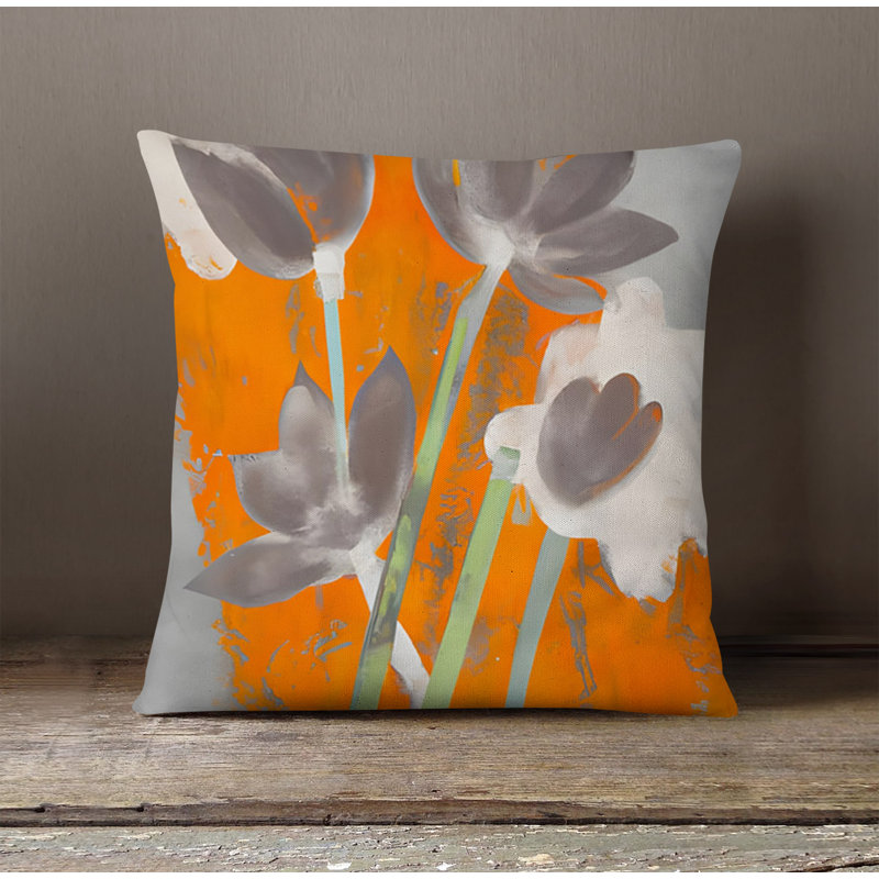 Throw Pillow With Insert, Gray/Orange Floral 3, 20"H x 20"W