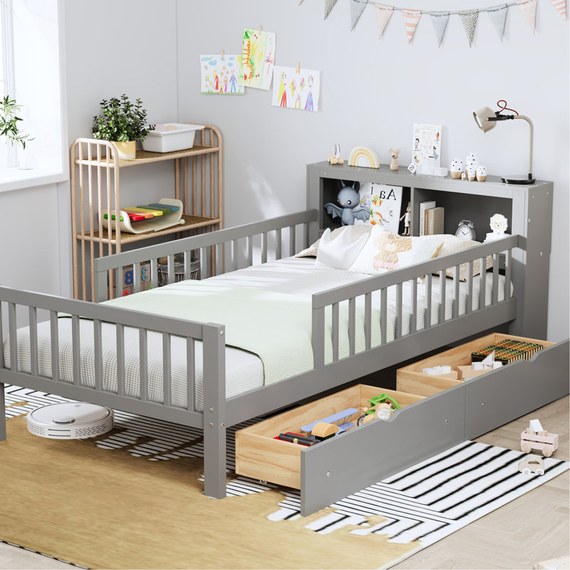Tête de lit simple avec rangement et garde-corps sécurisés et tiroirs organisés, Gris