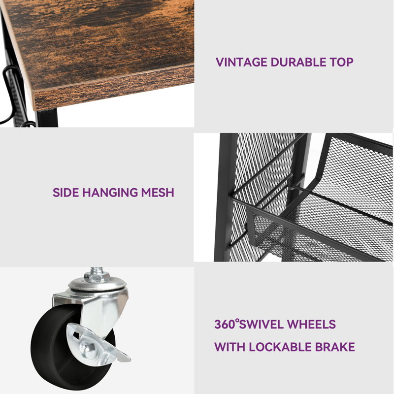 4-Tier Slim Storage Kitchen Cart With Wheels, Mobile Utility Cart With Wooden Tabletop And Mesh Baskets