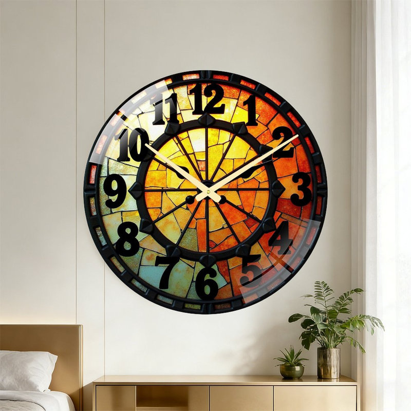 Horloge murale vitrail, décoration, horloge murale 24 po