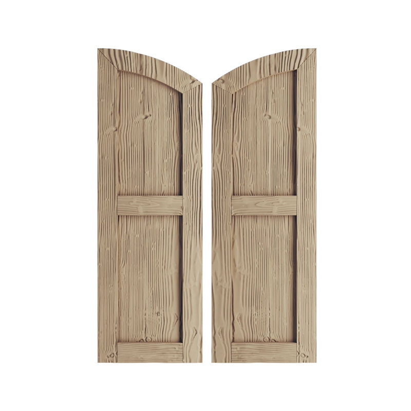 Primed Tan Sandblasted Faux Wood Shutters with Elliptical Top, 12" x 82"