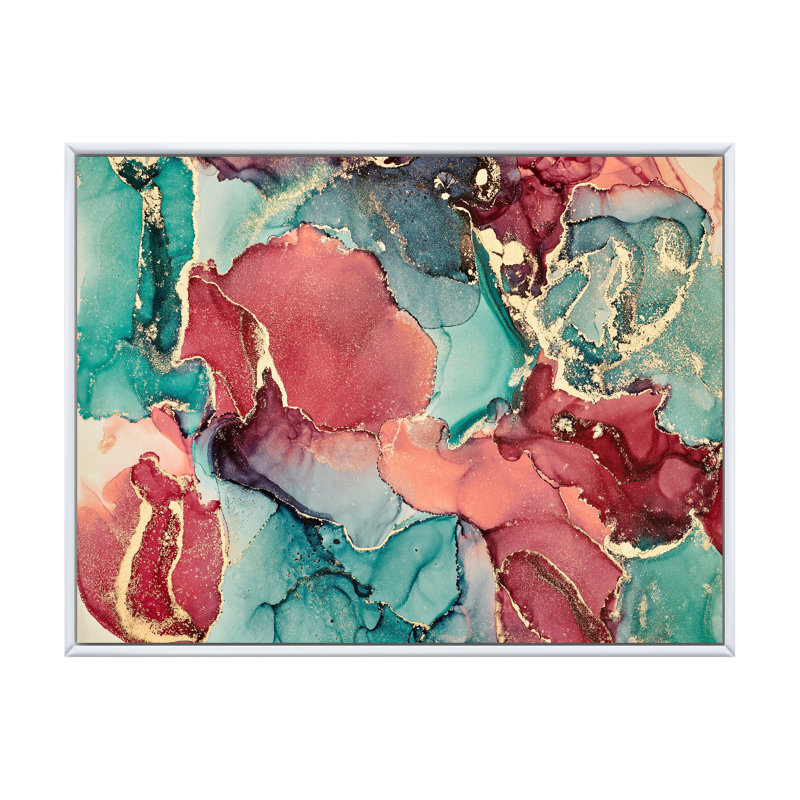 Bleu et mauve luxueux abstrait fluide X - peinture sur toile, H 30 po x l 40 po, Cadre flottant blanc