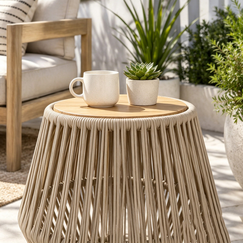Table d'appoint en bois d'acacia avec base en corde beige, Beige,Light Teak
