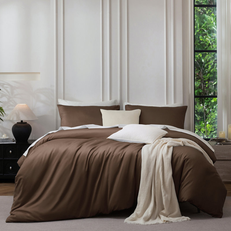 MooMee Duvet Cover Set Silky Sateen Look Luxury Sheen Zipper Closure & 8 Interior Ties 100% Long-Staple Cotton 600TC 