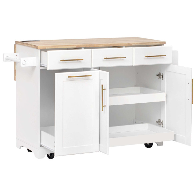 Rolling Kitchen Island With Drop Leaf Countertop, Pull-Out Trash Cabinet, Dual Organizers, Built-In Power Outlets, Spice And Towel Racks, And Rubber Wood Surface For Flexible Cooking And Storage.