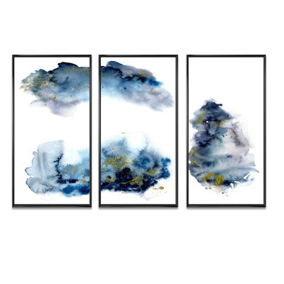 «Blue and Grey Clouds With Golden Glitter», peinture sur toile 3 pièces