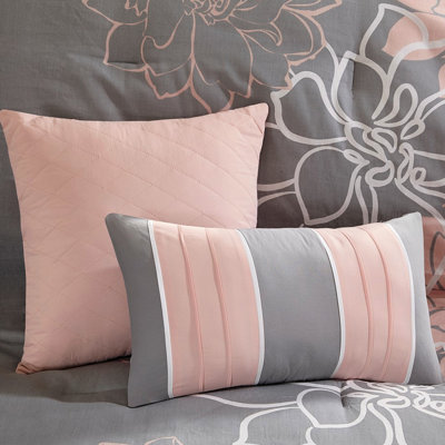 Édredon très grand lit - Édredon et jupe de lit en coton à imprimé gris / pêche avec coussins tendance