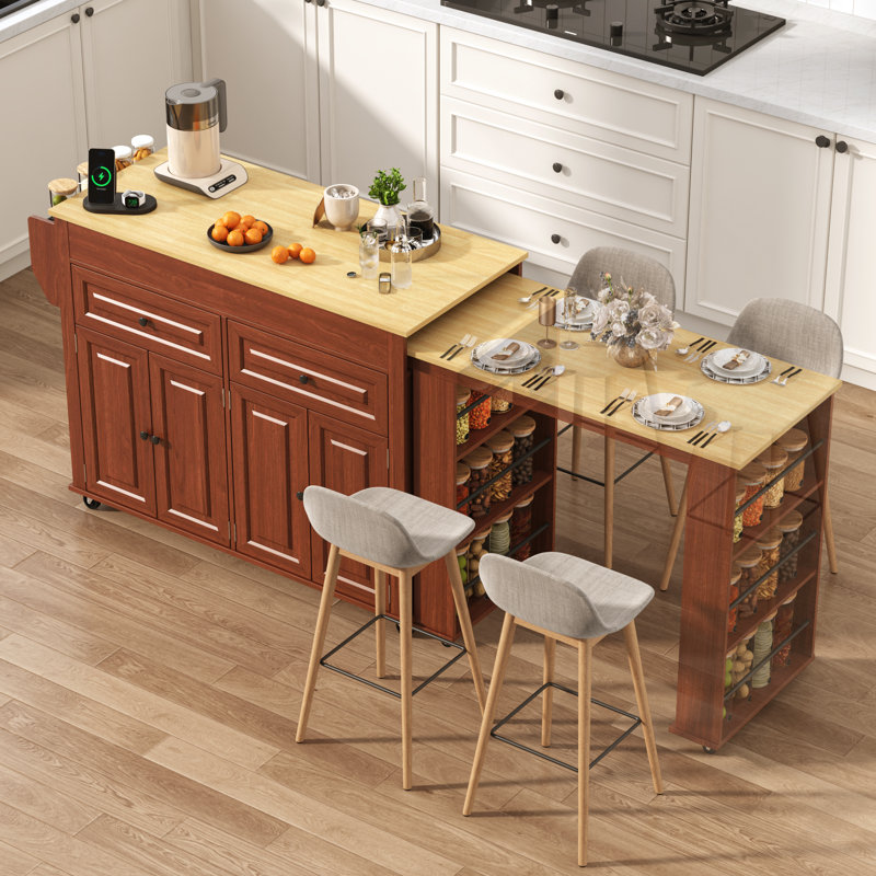 80.63" Extendable Kitchen Island With Power Outlet, 2 Storage Drawers, Open Shelves, Brown