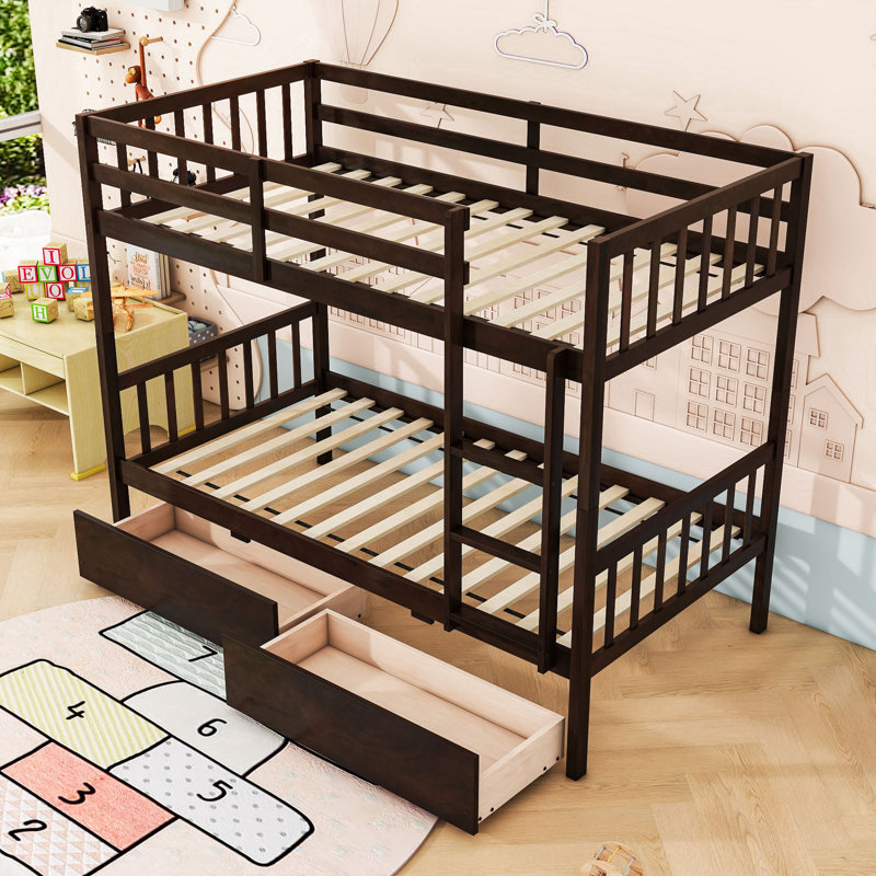 Rubber Wood Bunk Bed With Two Drawers, Twin Over Twin, Espresso