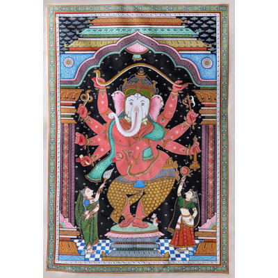 Painting Of Lord Ganesha Stretching Serpent Making Canopy | Water Color Painting On Tussar Silk