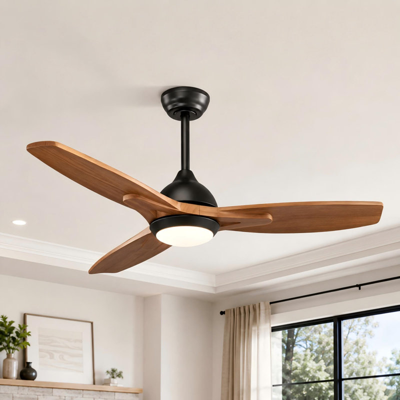 Modern 52" Matte Black Ceiling Fan , Matte Black, Natural Wood