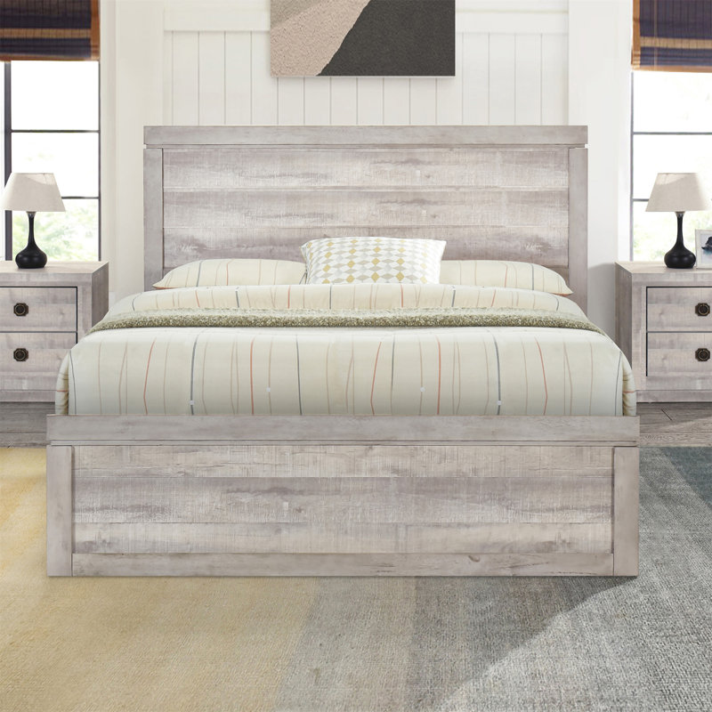 Lit plateforme de style campagnard rétro avec 10 lattes en bois, Lit double, Blanc rustique