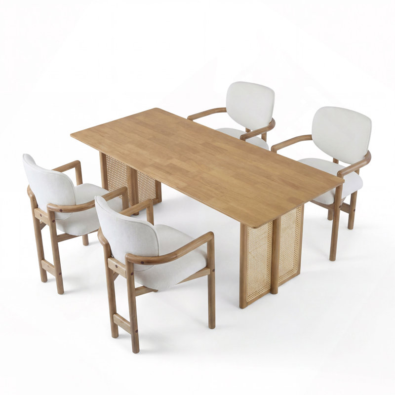 Ensemble de salle à manger d'intérieur en bois d'hévéa, table avec chaises en rotin