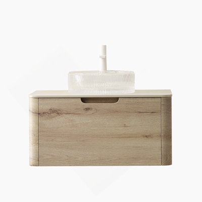 Meuble-lavabo de 30 po avec lavabo, armoire de rangement en contreplaqué flottant avec tiroir, lavabo rond en verre transparent et plateau en pierre frittée à motif de travertin Roma, couleur grain de bois de chêne blanc