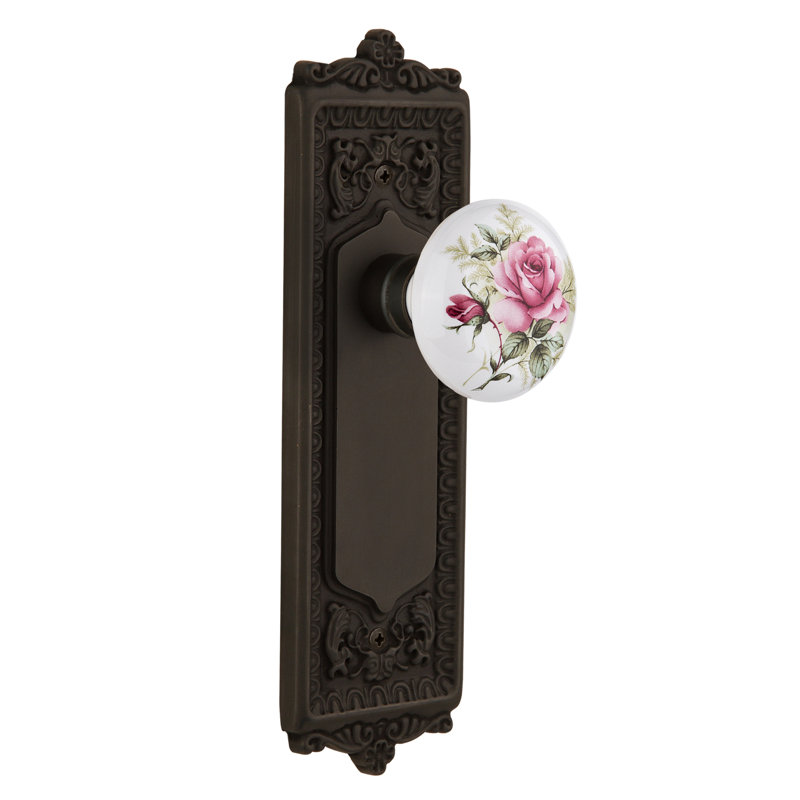 Plaque Egg & Dart avec bouton de porte en porcelaine blanche, Bronze frotté à l'huile