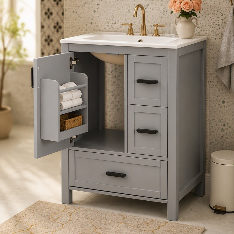 Meuble-lavabo moderne de 24 po avec lavabo en céramique, porte à fermeture en douceur, tablette de porte à double couche et 3 tiroirs