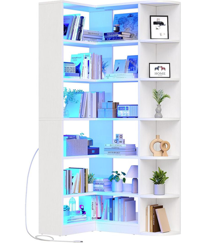 White L-Shaped 6-Tier Corner Bookshelf with LED Light