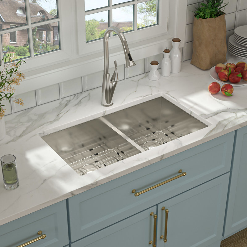 33" L x 19" W Undermount Double Bowl 60/40 Kitchen Sink Double Basin 16 Gauge Stainless Steel Sink