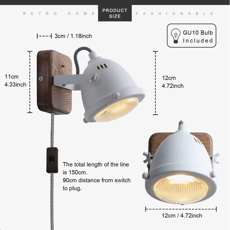 Applique murale industrielle à brancher, lampe murale rétro en bois et métal avec projecteur GU10 réglable, luminaire rustique de ferme pour le couloir du salon de la chambre à coucher