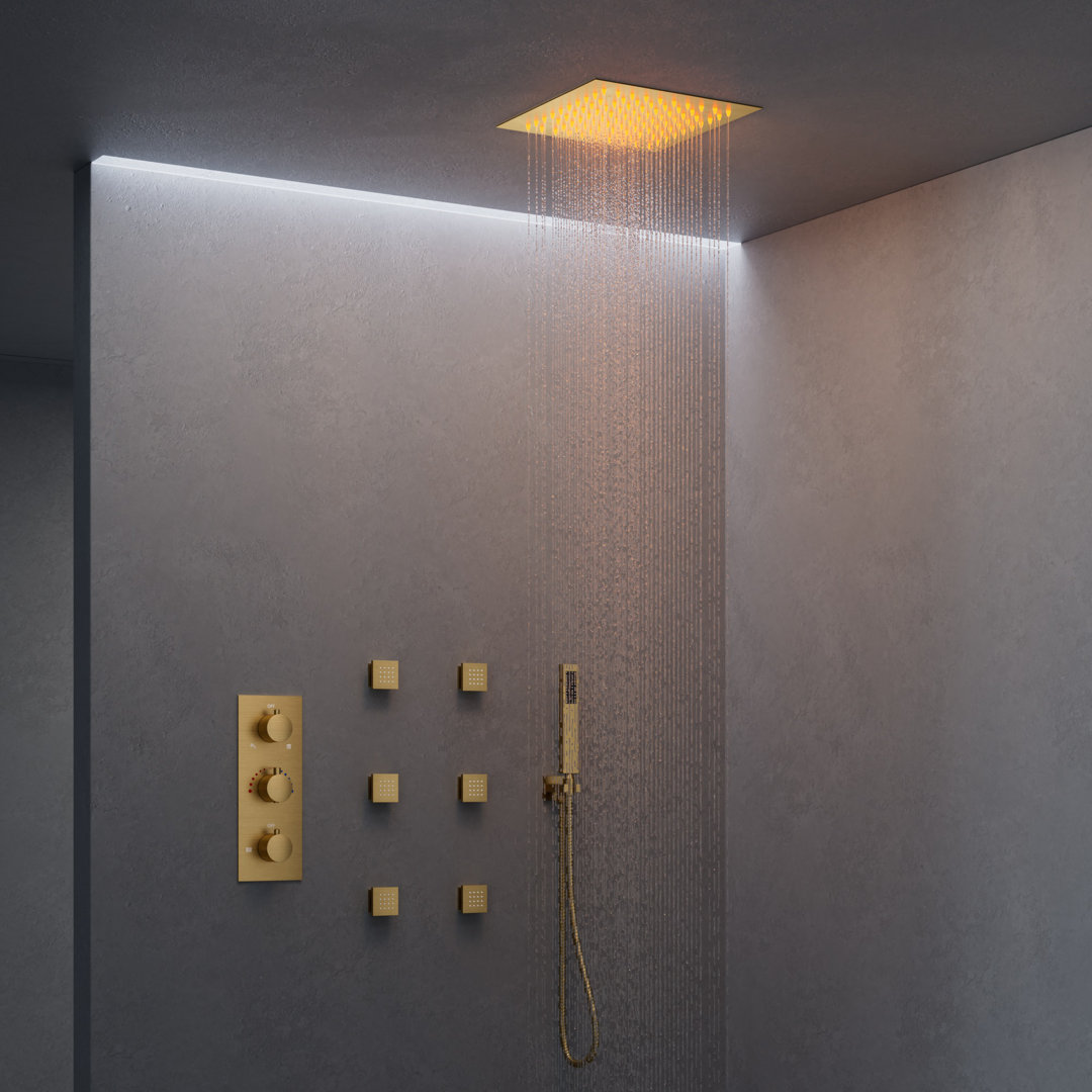 Thermostatic Rainfall Shower System, Ceiling Mount 12" LED Shower Head with Handheld Spray, 6 Body Jets Set EVERSTEIN 