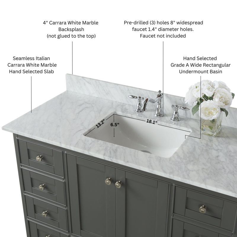 Audrey 48'' W Single Vanity, Sapphire Gray/Brushed Nickel, Carrara White Marble