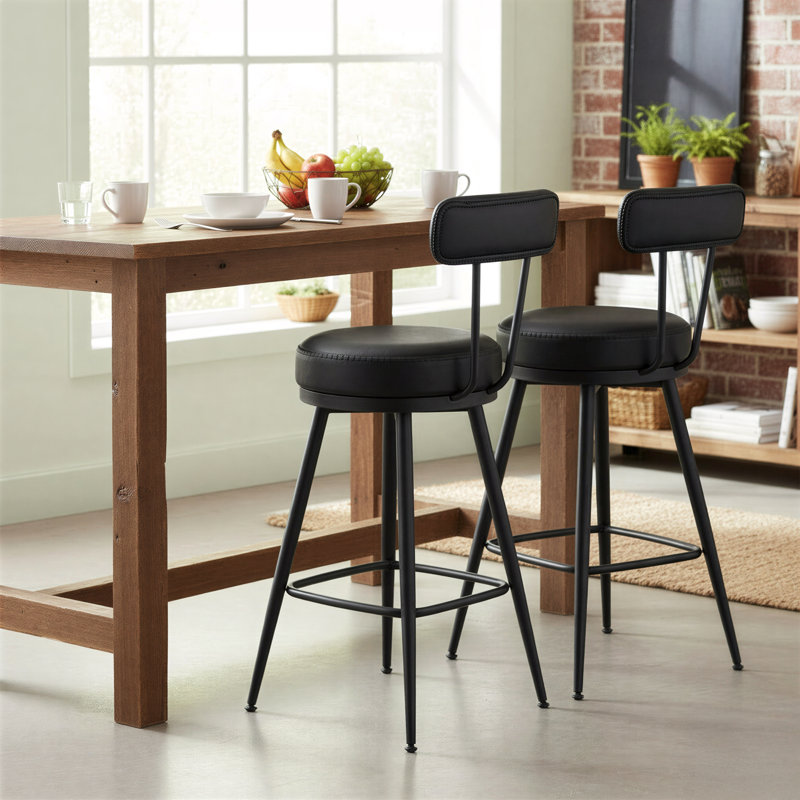 Tabourets Angelleah avec dossier, cuir synthétique, Noir, Tabouret de comptoir (siège d'une hauteur de 25,6