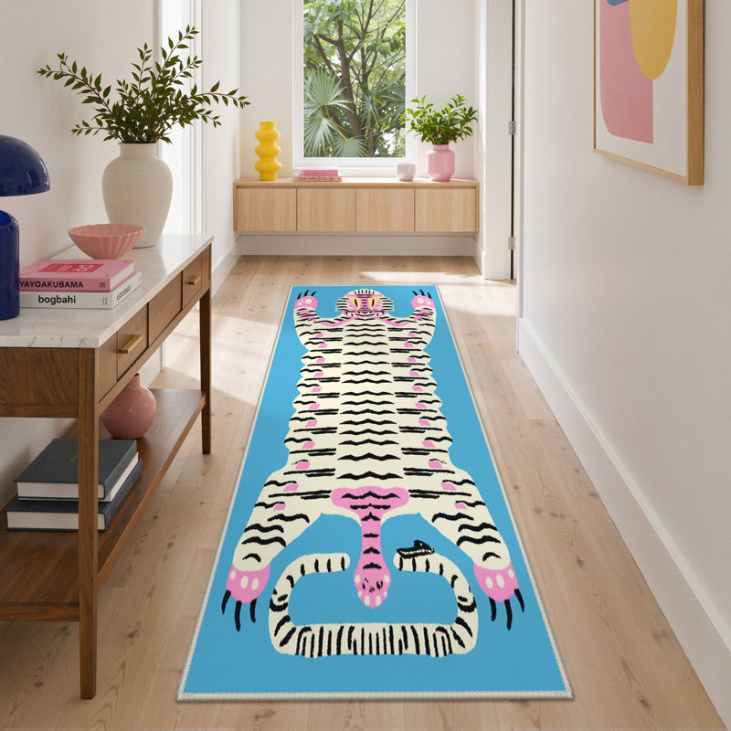 Tapis d'intérieur bleu / rose / beige lavable en machine à imprimé animalier Tiger, Tapis de couloir 2 pi x 6 pi