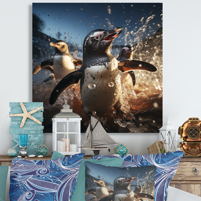 Valse pingouin aquatique ludique, Toile tendue, H 16 po x l 16 po