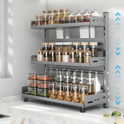 Étagère à épices réglable à 3 niveaux pour armoire - Tablette en métal robuste résistante à la rouille pour le garde-manger et le rangement de la salle de bain