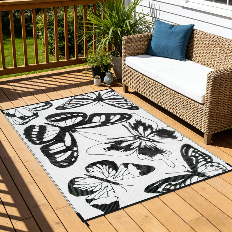 Butterfly Pattern Outdoor Rug, Waterproof PP Camping Mat, Reversible Washable Non-Slip Picnic Rug for Patio, Garden, Beach and RV