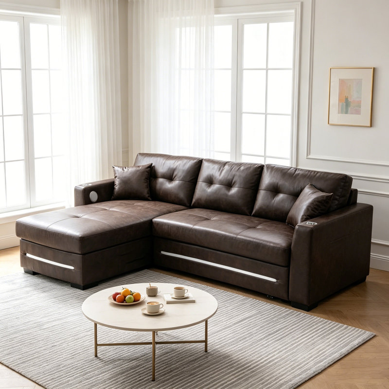 2-in-1 Sofa Bed with Storage, Charging & Bluetooth – Space-Saving for Apartments, Brown, Left Hand Facing
