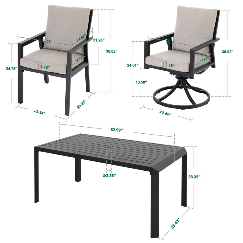 Outdoor 7-Piece Dining Set, Stationary Chairs and Swivel Rocking Chairs with 2.8” Soft Cushions, 63” x 35” Spacious Table with 2.4” Umbrella Hole for Lawn, Black and Gray