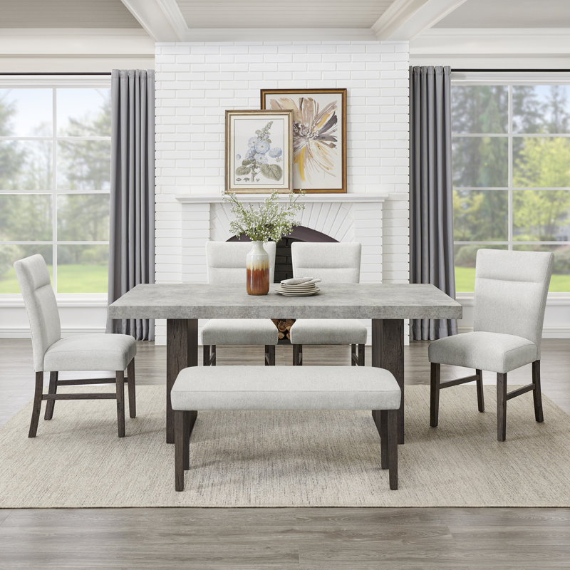Mitton Modern 6-piece Dining Set, 3d Faux Concrete Table With 4 Chairs And Bench