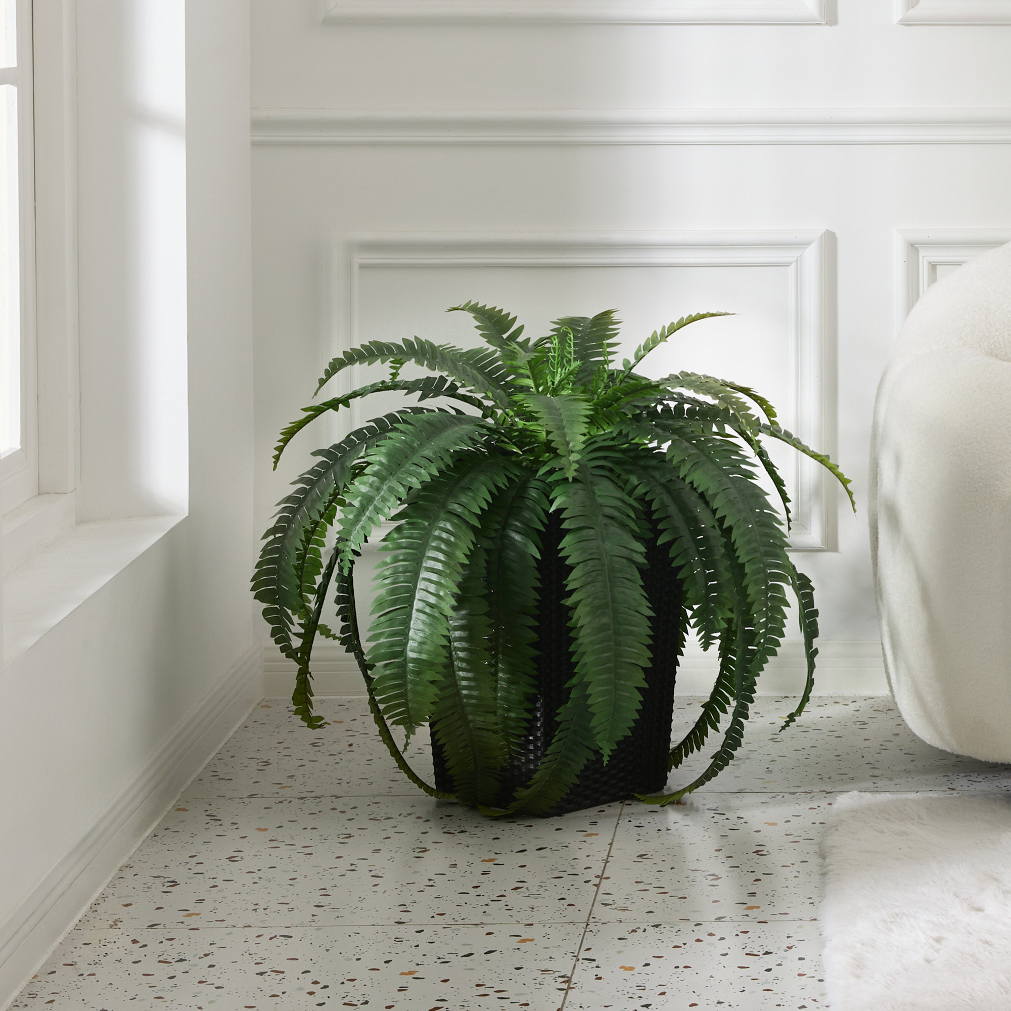 Adcock Artificial Boston Fern Bush Plant with Tapered Planter - UV Resistant Faux Ferns with 33 Leaves, Black, 1