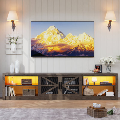 Meuble télé Farmhouse avec lumières DEL et rangement pour le salon, pour téléviseurs de 90 po ou moins, gris chêne
