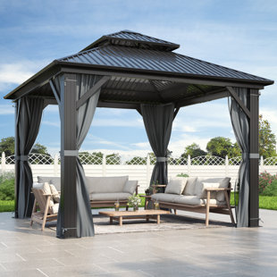 Outdoor Aluminum Galvanized Steel Hardtop Patio Gazebo with Netting & Curtains