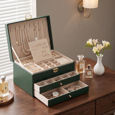 3-Layer Leather Jewelry Box with Lock & Divided Compartments, Dustproof Display Organizer for Earrings, Necklaces & Watches