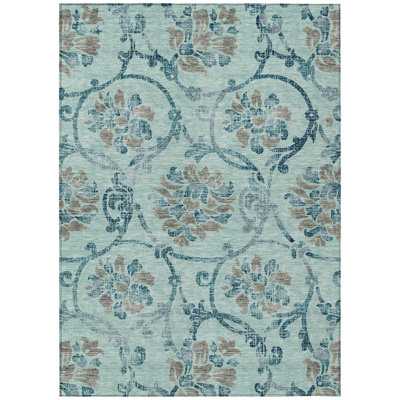 5' X 8' Teal Blue Gray And Aqua Floral Washable Indoor Outdoor Area Rug