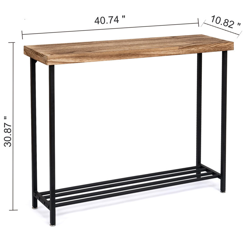 Rustic Brown Solid Wood Console Table with Black Metal Frame and Storage