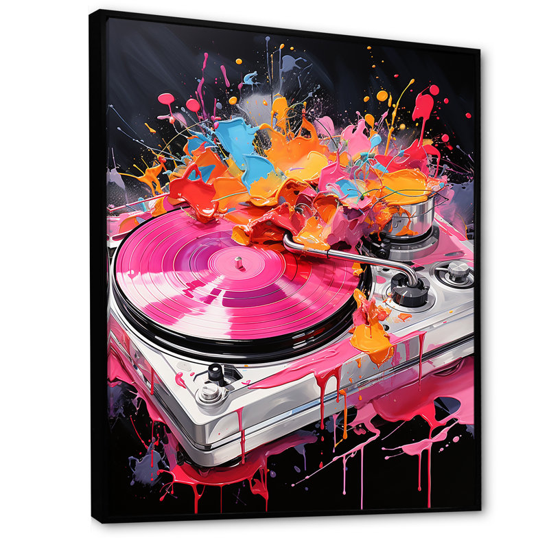 «Pink Turntables» Brilliance III - Art mural, platines et boîtes tournantes, Cadre flottant noir