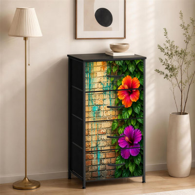 Commode 4 tiroirs pour chambre à coucher Hibiscus éclatant avec feuilles vertes Graffiti mur de briques et petite commode haute pour organisateurs de placard avec commode