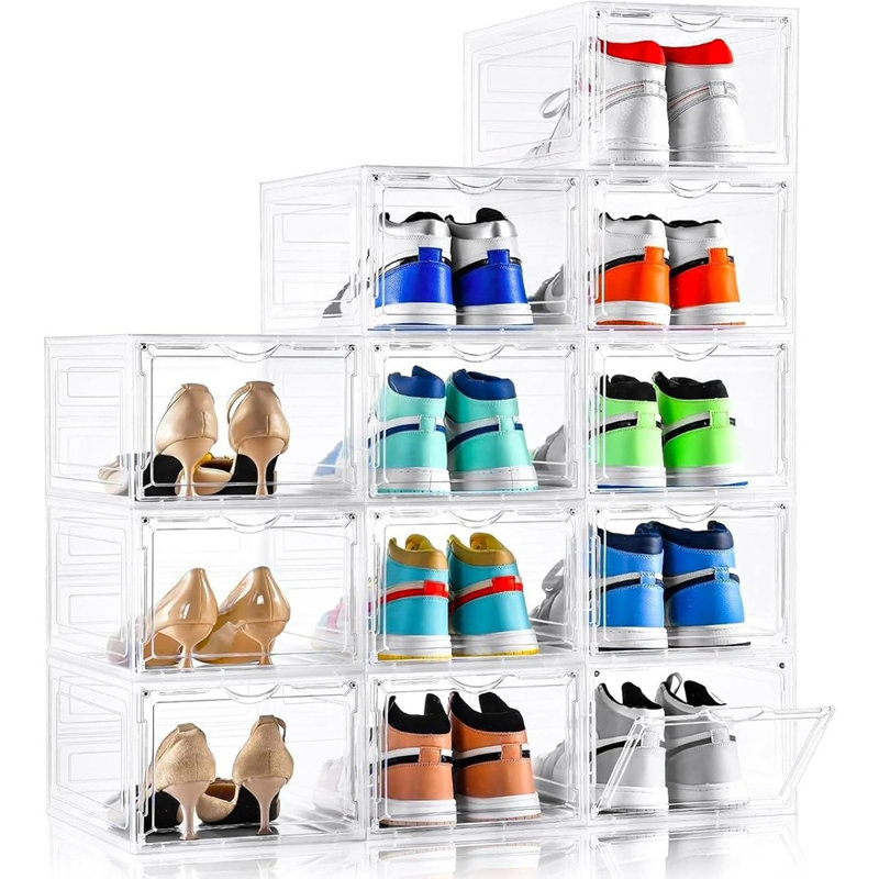 12-Pack XL Clear Shoe Storage Boxes, Stackable Plastic Drop-Front Shoe Organizer with Magnetic Doors, Ventilated Sneaker Display Cases