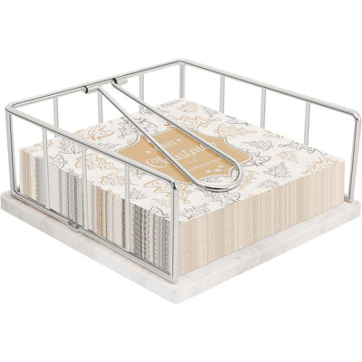 Flat Napkin Holder, Metal Kitchen Napkin Storage with Weighted Tension Arm Rustic Tissue Paper Dispenser for Countertop, Table Kitchen, Dining Room (With Marble Base, Chrome)