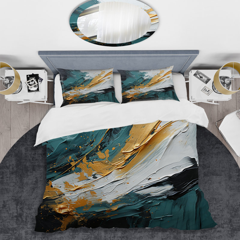 Ensemble de housse de couette à peinture abstraite dorée et verte et marbre blanc VI