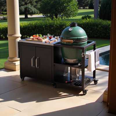 Grand chariot de barbecue extérieur de 76,6 po avec armoire de rangement, îlot de cuisine extérieur avec abattant en acier pour grand gros œuf vert, table de barbecue extérieure avec tablette réglable et crochets et ouvre-bouteille pour barbecue